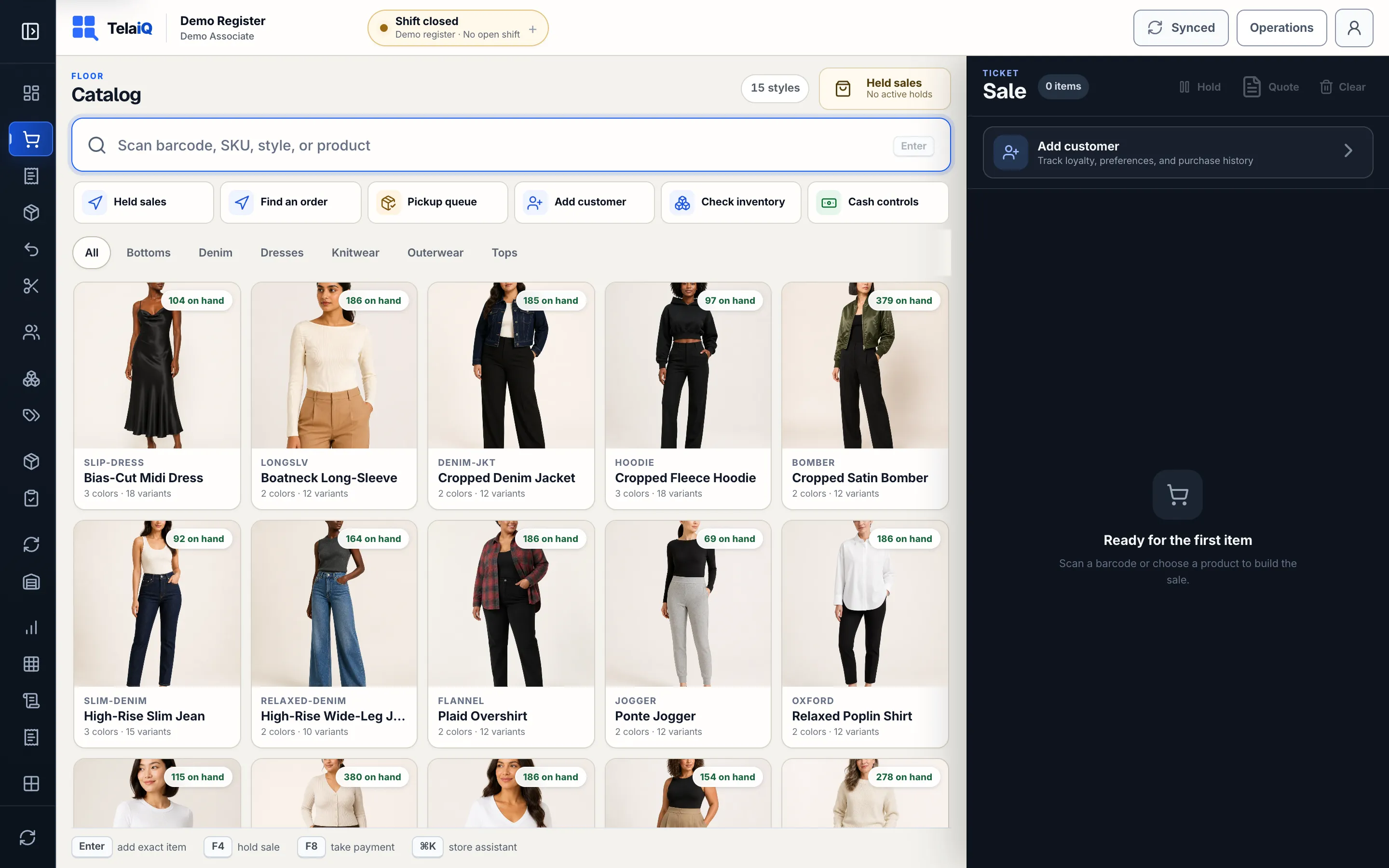 TelaIQ Register product preview with apparel styles, stock, and a sale ticket