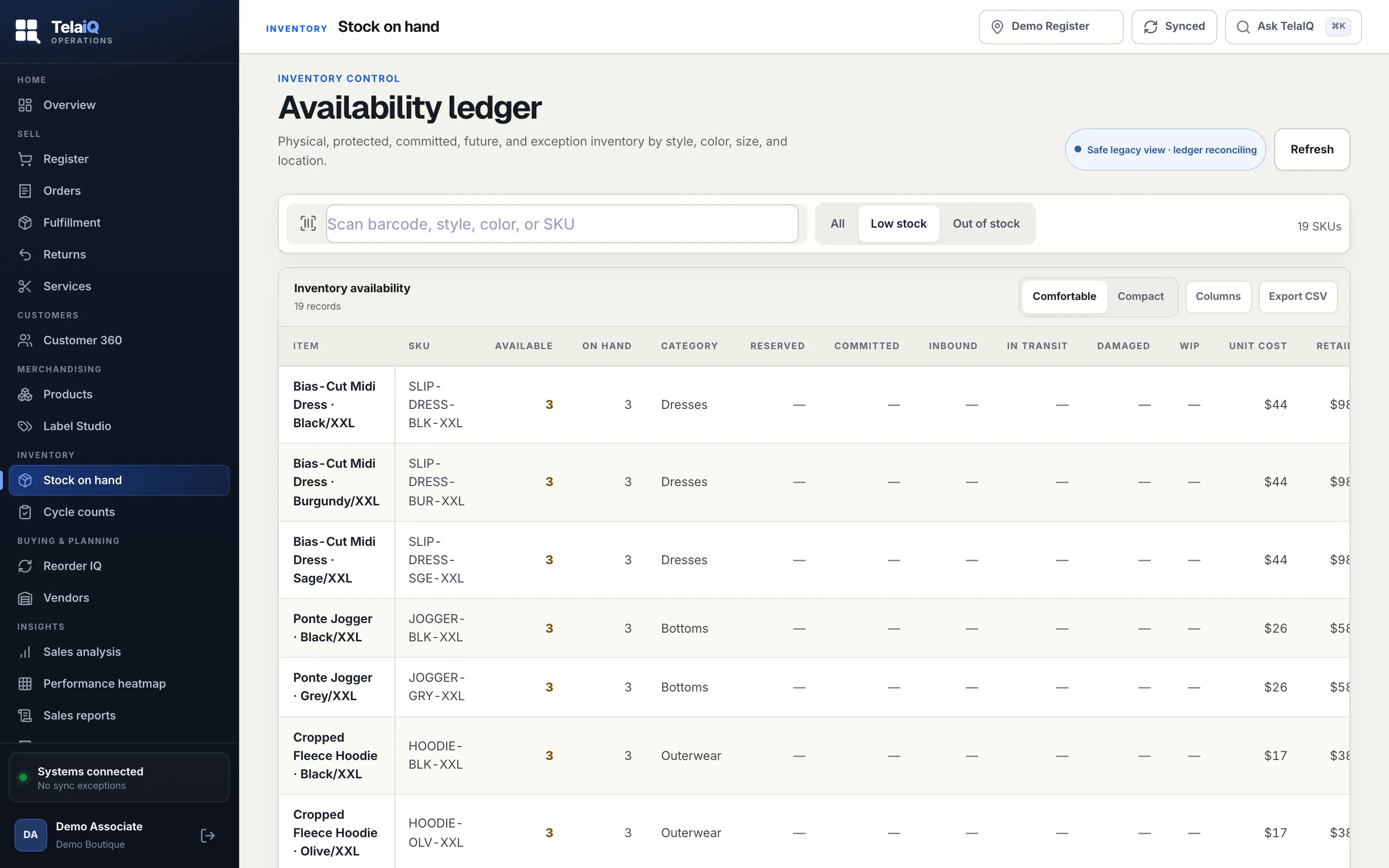 TelaIQ inventory product preview showing variant stock and buying recommendations
