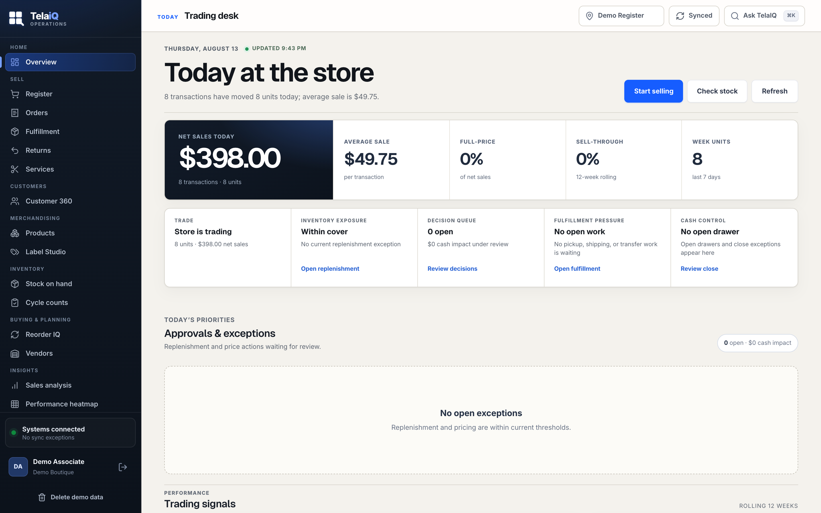 Operations trading desk with today’s sales, inventory cover, and store actions